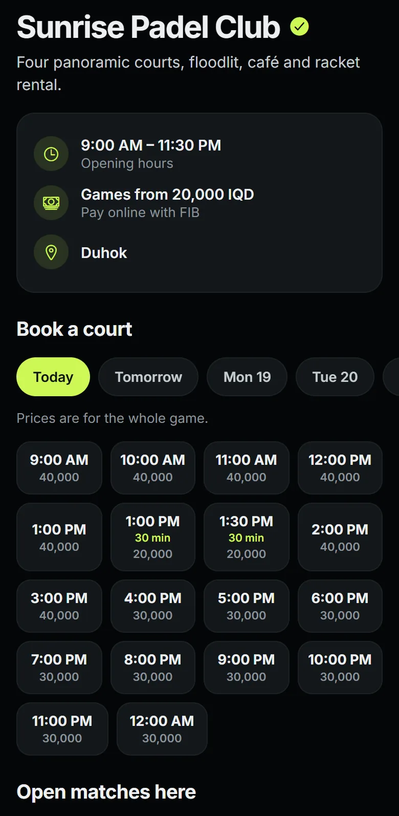 A club’s page in PadelMe: the games you can book today, each with its price
