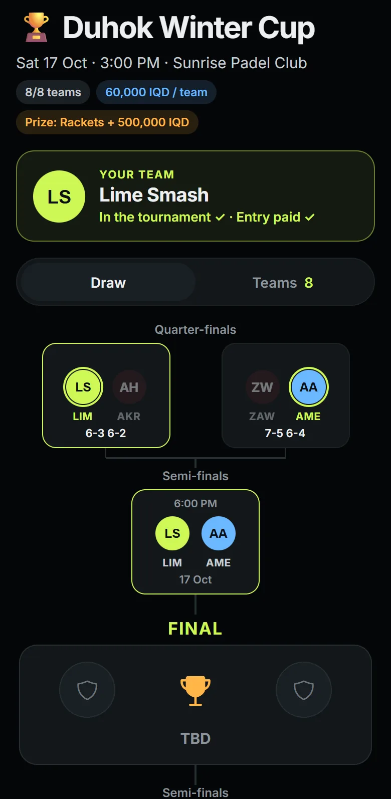 A tournament’s draw in PadelMe, from the quarter-finals to the final
