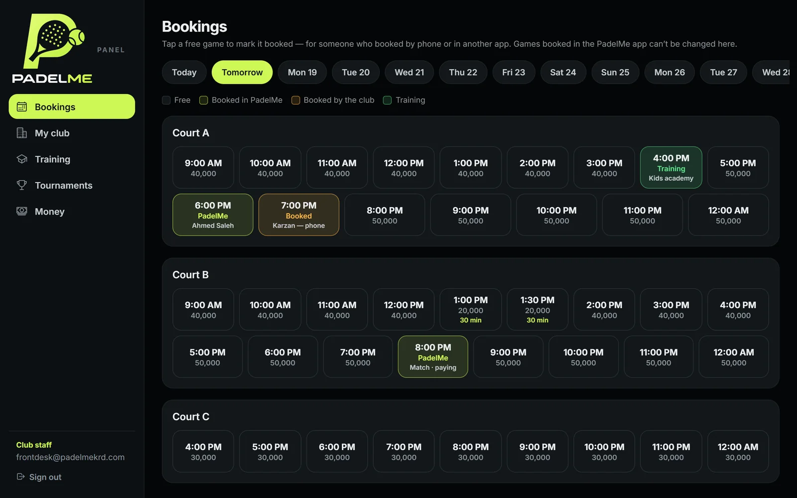The PadelMe panel’s front desk: each court’s games for the day, booked in the app, by phone or for training